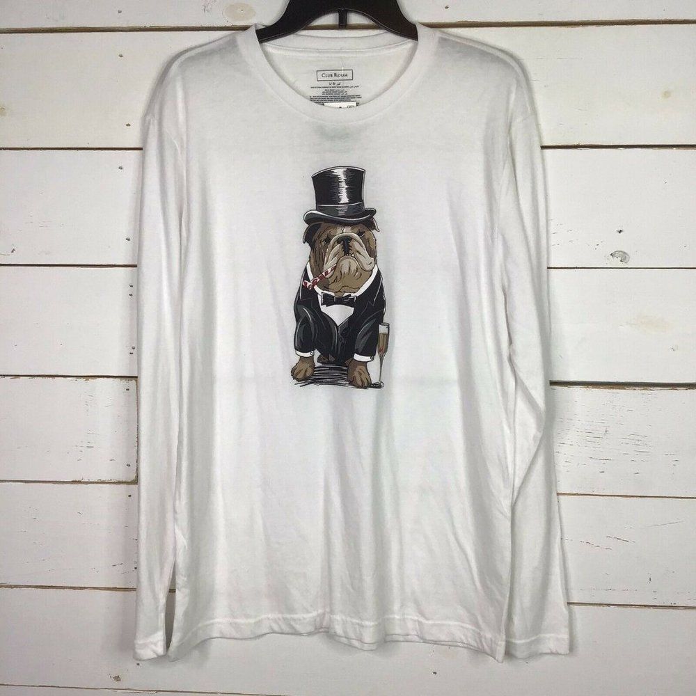 New Club Room Bulldog Top Hat Christmas New Year Holiday Shirt White Men's Large